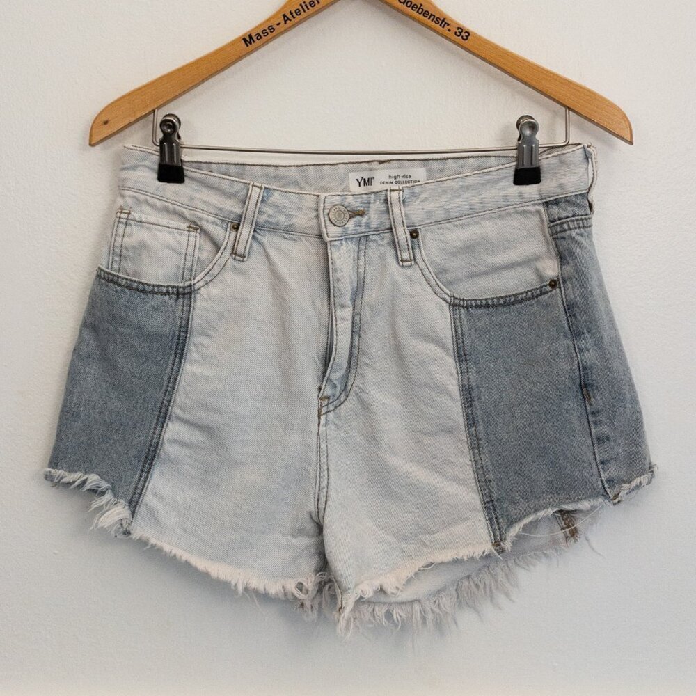 YMI Two-Tone High-Rise Denim Shorts – Frayed Hem, Size M